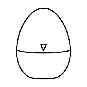 May include: A black and white line drawing of an egg-shaped kitchen timer. The object features a smooth, rounded silhouette divided into two sections by a horizontal line, with a small downward-pointing triangle centred on the upper portion.