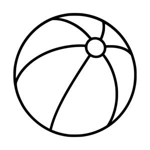 Peut inclure: Une illustration en noir et blanc au trait représentant un ballon de plage. L'objet circulaire présente un petit cercle central avec des lignes courbes rayonnant vers le bord, créant un motif segmenté typique d'un ballon de plage gonflable.