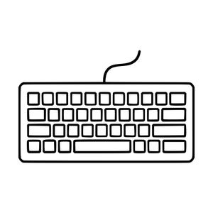 Könnte beinhalten: Eine schwarz-weiße Strichzeichnung einer rechteckigen Computertastatur. Die Tastatur zeigt ein Standardraster aus quadratischen Tasten und eine lange Leertaste am unteren Rand, mit einem einzelnen schwarzen Kabel, das oben aus der Mitte ragt.