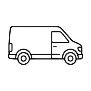 May include: A black and white line art illustration of a cargo van shown in profile. The vehicle features a rectangular body, a slanted front hood, a single side window, a door handle, and two circular wheels with central hubs.