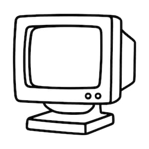 Puede incluir: Una ilustración de arte lineal en blanco y negro de un monitor de computadora antiguo. El dispositivo presenta una pantalla cuadrada, una carcasa voluminosa y una base rectangular. Dos pequeños botones circulares se sitúan en el panel frontal inferior derecho.