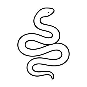 Könnte beinhalten: Eine einfache schwarz-weiße Strichzeichnung einer Schlange. Die Illustration zeigt eine durchgehende schwarze Kontur, die die Form einer gewundenen Schlange mit einem kleinen, einfachen Augendetail auf einem schlichten weißen Hintergrund bildet.