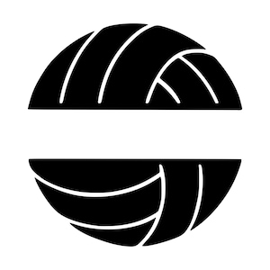 Könnte beinhalten: Ein schwarz-weißes Grafiksymbol eines Volleyballs, das horizontal in zwei Hälften mit einer Lücke in der Mitte geteilt ist und die charakteristischen geschwungenen Paneellinien sowie die Kreisform eines Standard-Volleyballs aufweist.
