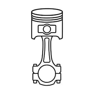 Può includere: Un'illustrazione a linee bianche e nere di un pistone motore con biella. Il disegno mostra una testa del pistone cilindrica con scanalature orizzontali sulla parte superiore, un foro centrale e una biella verticale che termina con una base circolare.