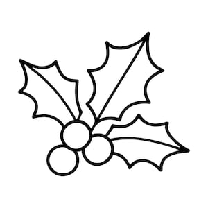 May include: A black and white line art illustration of a holly sprig. The design features three circular berries clustered together at the base, accompanied by three distinct, pointed, jagged-edged leaves extending outward from the centre.
