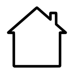 May include: A simple black line drawing of a house icon. The graphic features a rectangular base with a triangular roof and a small chimney on the right side. The lines are uniform in thickness, creating a clean, bold, and minimalist outline shape.