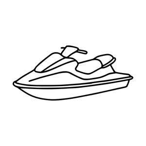 Puede incluir: Una ilustración de arte lineal en blanco y negro de una moto acuática, comúnmente conocida como jet ski. El dibujo presenta un diseño de casco aerodinámico y elegante, un conjunto de manillar central y un asiento contorneado, en trazos simples.