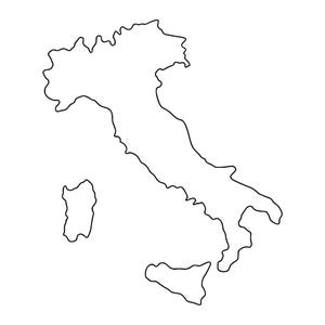 以下が含まれることがあります： イタリアの地図のシンプルな黒い輪郭線画です。イタリア半島本土とシチリア島、サルデーニャ島が含まれています。白い背景に、はっきりとした途切れのない黒い線で、イタリアの地理的な形状が描かれています。