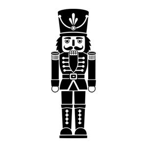 May include: A black and white graphic illustration of a nutcracker figure. The design features a tall hat, a mustache, a uniform with epaulets, and tall boots. The figure is rendered in a flat, high-contrast style with clean lines and solid shapes.
