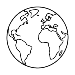 Puede incluir: Un dibujo de líneas en blanco y negro del planeta Tierra, que presenta un contorno simplificado de los continentes, incluyendo América del Norte y del Sur, Europa y África, encerrado dentro de un borde circular sobre un fondo blanco.