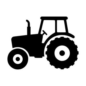 Pode incluir: Uma silhueta preta sólida de um trator agrícola vista de perfil. O trator apresenta um pneu traseiro grande com borda serrilhada, um pneu dianteiro menor, um tubo de escape vertical e uma cabine fechada com um volante visível no interior.