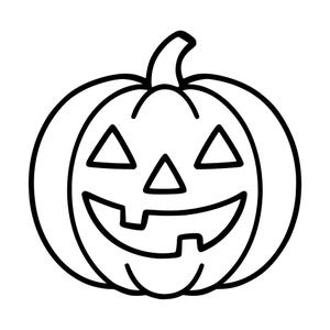 Peut inclure: Une illustration en noir et blanc au trait représentant une citrouille d'Halloween. Le dessin présente une forme de citrouille arrondie avec une tige sur le dessus, deux yeux triangulaires, un nez triangulaire et une large bouche souriante.