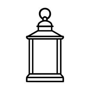 May include: A black and white line art illustration of a lantern. The lantern features a rectangular body with vertical side panels, a wide roof, and a circular hanging loop at the top. The design is composed of clean, bold black outlines.