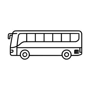 Puede incluir: Una ilustración de arte lineal en blanco y negro de un autobús de pasajeros visto de perfil. El autobús presenta una carrocería rectangular larga, una serie de cinco ventanas rectangulares, dos ruedas circulares y un pequeño espejo lateral.