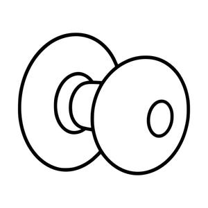 Könnte beinhalten: Eine schwarz-weiße Strichzeichnung eines runden Türknaufs. Das Design besteht aus einer kreisförmigen Rosette und einem kugelförmigen Griff mit einer kleinen kreisförmigen Vertiefung in der Mitte, dargestellt in einem einfachen Grafikstil.