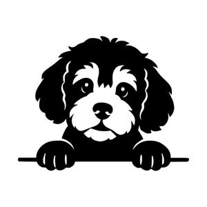 Puede incluir: Una ilustración gráfica en blanco y negro de un cachorro con orejas caídas y una mancha blanca en la cara. El cachorro se muestra desde el pecho hacia arriba, con sus patas delanteras apoyadas en una línea horizontal, creando un efecto visual.