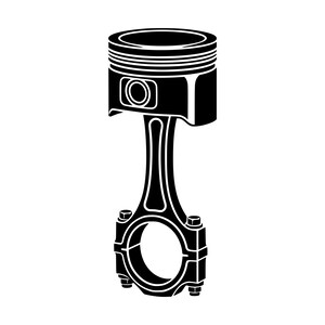 Può includere: Un'illustrazione grafica in bianco e nero di un gruppo pistone e biella del motore. Il design presenta la testa del pistone cilindrica con scanalature orizzontali, un foro centrale per lo spinotto e una biella verticale con base circolare.