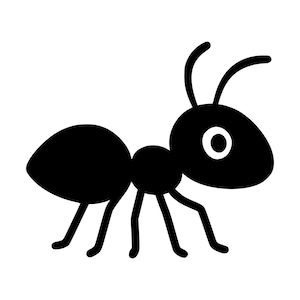 以下が含まれることがあります： 2本の触角を持つ丸みを帯びた頭部、円形の胸部、楕円形の腹部が特徴的な、黒いシルエットの蟻のグラフィック。蟻には6本の細い脚があり、頭部の中心には白い円形の目のディテールが描かれています。
