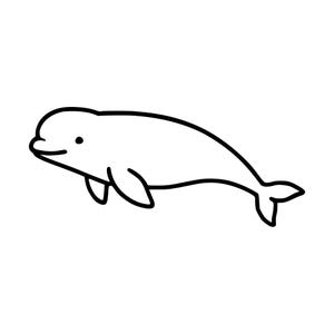 Puede incluir: Un dibujo lineal sencillo en blanco y negro de una ballena beluga. La ilustración muestra una cabeza redondeada, un ojo pequeño, dos aletas pectorales y una aleta caudal, todo trazado con un contorno negro limpio sobre fondo blanco.