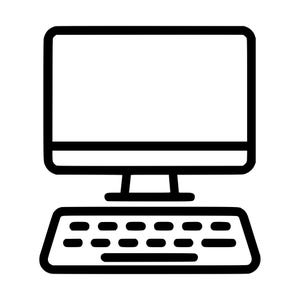 Könnte beinhalten: Ein schwarz-weißes Liniengrafik-Symbol eines Desktop-Computers. Das Design zeigt einen rechteckigen Monitorbildschirm auf einem zentralen Standfuß, der direkt über einer separaten Tastatur mit einer Reihe rechteckiger Tasten angeordnet ist.