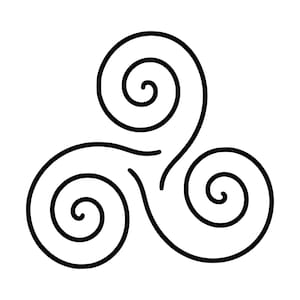 Peut inclure: Un graphique en trait noir représentant un symbole triskèle composé de trois spirales interconnectées rayonnant à partir d'un point central. Le design se compose de lignes noires continues et lisses sur un fond blanc.
