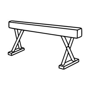 Può includere: Un disegno a linee bianche e nere di una trave di equilibrio. La trave è una lunga barra orizzontale rettangolare sostenuta da due serie di gambe incrociate, ciascuna fissata a una base rettangolare piatta a terra, creando una struttura stabile.