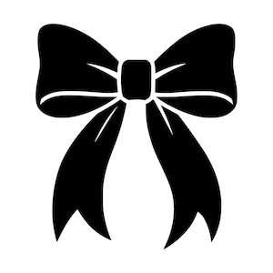 Könnte beinhalten: Eine einfarbige schwarze grafische Darstellung einer dekorativen Schleife. Das Design zeigt zwei große, abgerundete Schlaufen an der Oberseite, die durch einen zentralen Knoten verbunden sind, sowie zwei lange, herabhängende Bänder mit V-förmigen Enden.