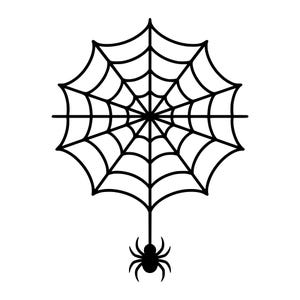 May include: A black graphic illustration of a spider web with a single spider hanging from the bottom center. The design features a symmetrical web pattern with radiating lines and concentric circles, rendered in a clean, bold black line style.