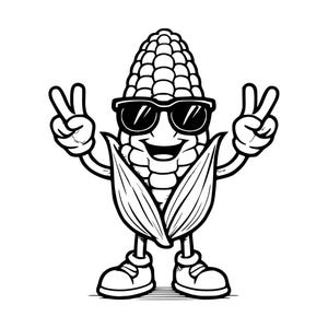 Peut inclure: Une illustration en noir et blanc au trait représentant un personnage de maïs en dessin animé portant des lunettes de soleil. Le personnage a les bras levés en signe de paix, une bouche souriante et porte des chaussures. L'épi est enveloppé.