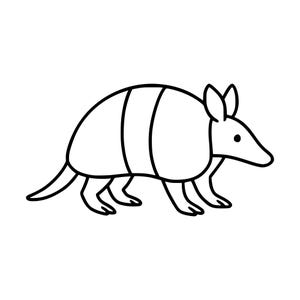 May include: A black and white line art illustration of an armadillo shown in profile. The drawing features the animal's characteristic armoured shell with distinct bands, pointed ears, a long snout, and a tail, rendered with simple outlines.