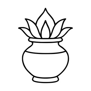 May include: A black and white line art illustration of a kalash, featuring a rounded pot with a flared rim and a base, topped with a cluster of five pointed leaves arranged in a fan shape, rendered with clean, bold outlines on a plain background.