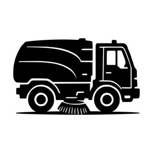 Könnte beinhalten: Eine schwarze Silhouettengrafik eines Kehrfahrzeugs. Das Fahrzeug verfügt über einen großen abgerundeten Tank, eine Fahrerkabine mit Fenster, zwei Räder und einen markanten kreisförmigen Bürstenmechanismus, der unter der Mitte des Fahrgestells angebracht ist.