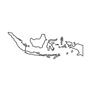 以下が含まれることがあります： インドネシア諸島の地理的な輪郭を描いた黒い線画。このイラストには、スマトラ島、ジャワ島、ボルネオ島、スラウェシ島、ニューギニア島の西部など、主要な島の独特な形状が描かれています。