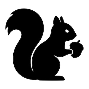 May include: A solid black silhouette graphic of a squirrel in profile facing right. The squirrel has a large, curved, bushy tail and is holding a small acorn in its front paws. The design features clean, bold lines and a simple, flat shape.