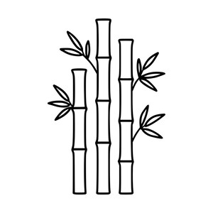 Può includere: Un'illustrazione in bianco e nero a linee di tre steli di bambù di diverse altezze. Ogni stelo presenta segmenti orizzontali e foglie sottili e appuntite che si estendono dai lati. Il design è pulito, semplice e monocromatico.