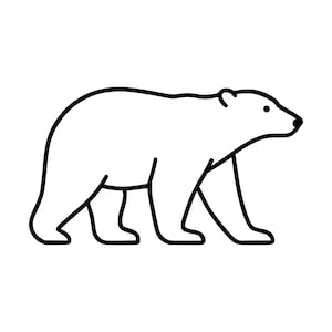 Könnte beinhalten: Eine minimalistische Schwarz-Weiß-Strichzeichnung eines gehenden Eisbären. Das Design zeigt eine klare, durchgehende schwarze Kontur, die das Seitenprofil des Bären darstellt, mit einem einfachen Punkt für das Auge und einer kleinen schwarzen Form für die Nase.