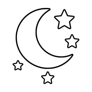 May include: A black and white line art illustration featuring a crescent moon positioned centrally, surrounded by four five-pointed stars of varying sizes arranged around the moon's curved edges on a plain white background.