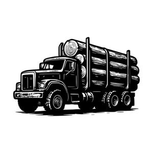 May include: A black and white graphic illustration of a heavy-duty logging truck. The vehicle features a large cab and a flatbed trailer loaded with a stack of cylindrical logs. The design uses bold lines and high contrast to depict the truck.