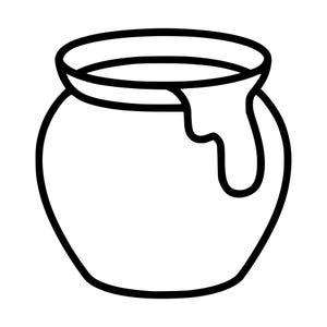 Può includere: Un'illustrazione in bianco e nero a linee di un vasetto di miele rotondo con un'ampia apertura. Il design presenta una goccia di miele spessa e stilizzata che scende lungo il lato destro del bordo del vasetto, in uno stile grafico semplice.