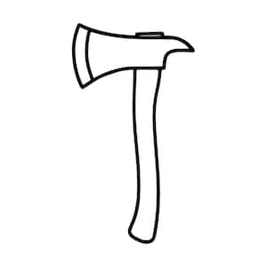 May include: A black and white line art illustration of a fire axe. The tool features a curved blade with a distinct edge, a flat poll, and a long, slightly curved handle. The design is simple, clean, and uses bold outlines to define the shape.