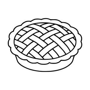 May include: A black and white line art illustration of a round pie featuring a classic lattice crust pattern on top. The pie has a scalloped, crimped edge around the perimeter, rendered with bold, clean outlines against a plain white background.