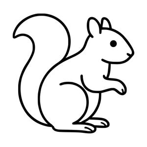 Puede incluir: Una ilustración de arte lineal en blanco y negro de una ardilla de perfil. La ardilla se muestra en posición sentada con su gran cola tupida curvada hacia arriba detrás de su cuerpo. El diseño presenta contornos limpios y gruesos sobre fondo blanco.