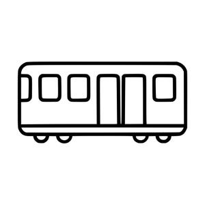 Könnte beinhalten: Eine schwarz-weiße Strichzeichnung eines Eisenbahnwagens. Das rechteckige Fahrzeug zeigt vier quadratische Fenster auf der linken Seite, zwei vertikale rechteckige Türen in der Mitte und ein quadratisches Fenster auf der rechten Seite. Vier Räder sind unten sichtbar.