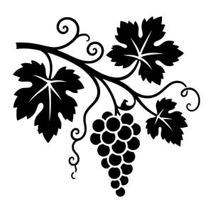 Puede incluir: Un gráfico de silueta negra de una rama de vid que presenta un racimo de uvas, tres hojas lobuladas distintas y zarcillos rizados. El diseño está representado en un color negro sólido de alto contraste sobre un fondo blanco.