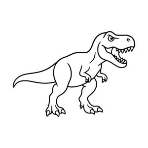 May include: A black and white line art illustration of a Tyrannosaurus Rex dinosaur. The dinosaur is depicted in profile, facing right with its mouth open, revealing sharp teeth. It has a long tail, two small arms, and large hind legs.
