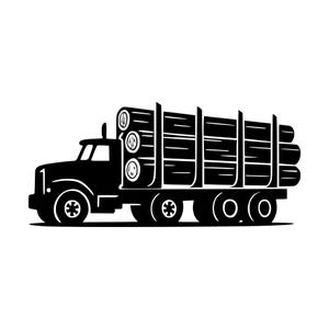 Pode incluir: Uma ilustração gráfica a preto e branco de um camião madeireiro visto de lado. O veículo apresenta uma cabina e um reboque longo carregado com troncos cilíndricos empilhados, fixados por suportes metálicos verticais e seis rodas.