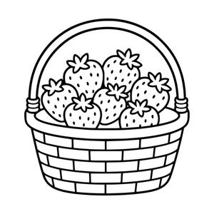以下が含まれることがあります： 6つのイチゴが入った編みかごの白黒線画イラスト。かごには丸い持ち手があり、外側はレンガのような模様になっています。それぞれのイチゴには小さな点と葉のついた茎が描かれています。