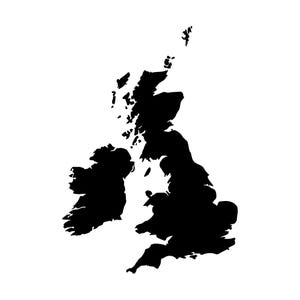 May include: A solid black silhouette graphic depicting the geographical outline of the British Isles, including Great Britain, Ireland, and the surrounding smaller islands, presented as a flat, high-contrast shape against a plain white background.