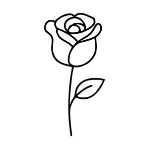Könnte beinhalten: Eine schwarz-weiße Strichzeichnung einer einzelnen Rosenblüte. Die Zeichnung zeigt eine stilisierte Rosenblüte mit geschichteten Blütenblättern an der Spitze, die an einem schlanken Stiel befestigt ist, der ein einzelnes Blatt auf der rechten Seite aufweist.