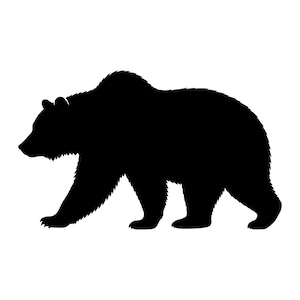 May include: A solid black silhouette of a bear shown in profile, facing toward the left. The bear is depicted in a walking stance with its head slightly lowered, showcasing the distinct hump on its back and the textured fur along its neck.